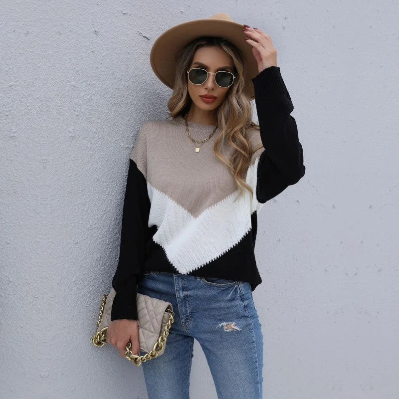 IKEARLAX Autumn New popular 2025 Color Matching Crew Neck Long Sleeve Knitted Bottom Shirt Pullover Women's Top Flare Sleeve Stylish IKEARLAX Autumn New popular 2025 Color Matching Crew Neck Long Sleeve Knitted Bottom Shirt Pullover Women's Top Flare Sleeve Stylish