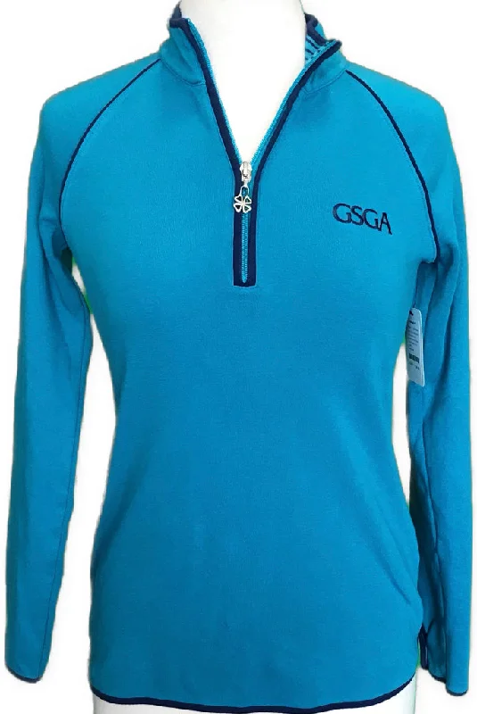 Clover by Bobby Jones 1/4Zip Pullover Teal w/Navy Trim Clover Snaps & Zip Pull Size S MSP$75 Ruffle Sleeve Feminine Clover by Bobby Jones 1/4Zip Pullover Teal w/Navy Trim Clover Snaps & Zip Pull Size S MSP$75 Ruffle Sleeve Feminine