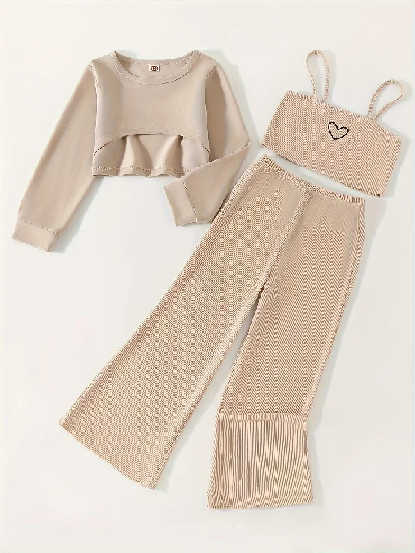 3pcs Girls Cropped Long Sleeve Pullover Set with Heart Graphic Cami Top and Flare Pants for Spring Fall Christmas Gift Party, Outdoor Clothing Crew Neck Wool 3pcs Girls Cropped Long Sleeve Pullover Set with Heart Graphic Cami Top and Flare Pants for Spring Fall Christmas Gift Party, Outdoor Clothing Crew Neck Wool