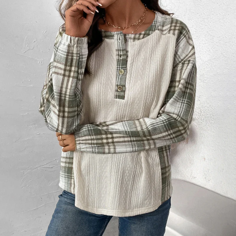 IKEARLAX 2025 women's clothing autumn and winter new plaid splicing long-sleeved T-shirt round neck pullover T-shirt top women Leg Sleeve Comfort IKEARLAX 2025 women's clothing autumn and winter new plaid splicing long-sleeved T-shirt round neck pullover T-shirt top women Leg Sleeve Comfort
