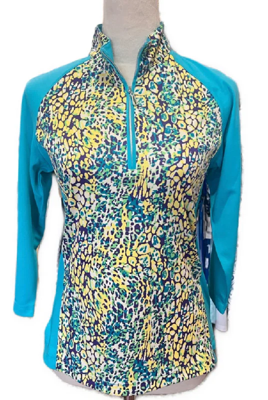 Monterey Club Blue Multicolored Animal Patterned 3/4 Sleeve Golf Pullover Size S Cold Shoulder Design Monterey Club Blue Multicolored Animal Patterned 3/4 Sleeve Golf Pullover Size S Cold Shoulder Design