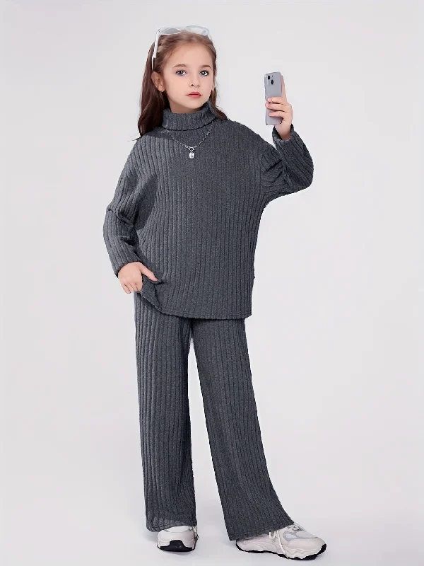 Girls 2pcs Ribbed Outfits, Solid Turtleneck Long Sleeve Pullover Top + Pants Set For Spring Fall Winter Christmas Gift Party, Outdoor Clothing Besom Neck Pullover Girls 2pcs Ribbed Outfits, Solid Turtleneck Long Sleeve Pullover Top + Pants Set For Spring Fall Winter Christmas Gift Party, Outdoor Clothing Besom Neck Pullover