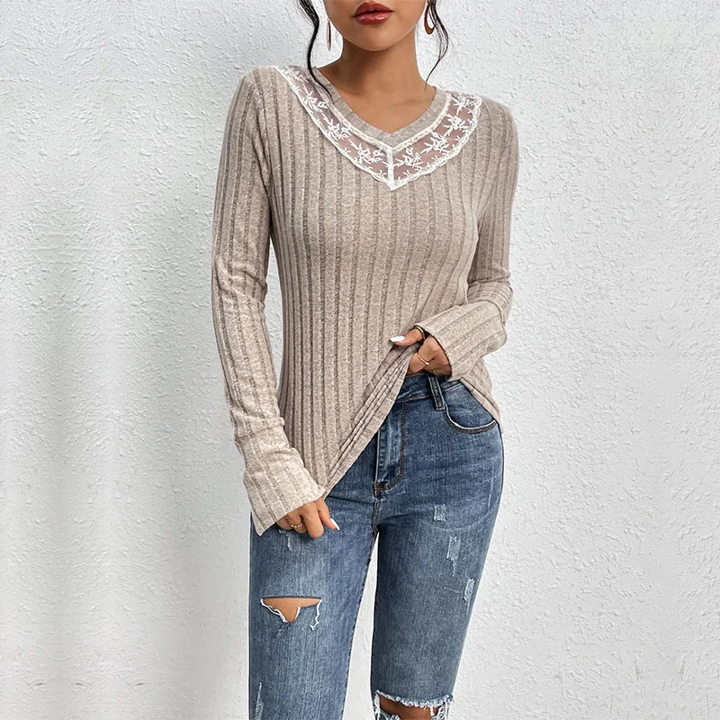 IKEARLAX 2025 cross-border New autumn new product pullover slim T-shirt lace splicing V-neck texture pit strip knitted top Cap Sleeve Casual IKEARLAX 2025 cross-border New autumn new product pullover slim T-shirt lace splicing V-neck texture pit strip knitted top Cap Sleeve Casual