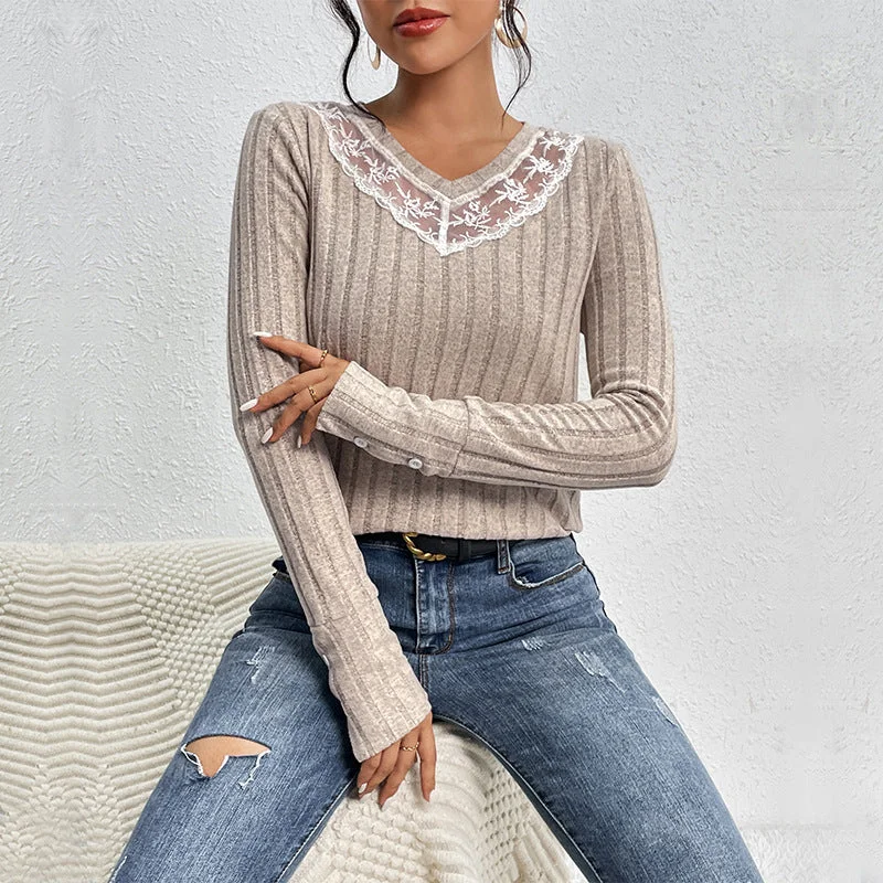 IKEARLAX New autumn new product pullover slim T-shirt lace splicing V-neck texture pit strip knitted top Long Bell Sleeve IKEARLAX New autumn new product pullover slim T-shirt lace splicing V-neck texture pit strip knitted top Long Bell Sleeve