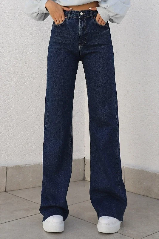 Navy Blue Women Loose Lycra High Wide Leg Denim Palazzo Trousers Trousers luxurious premium Navy Blue Women Loose Lycra High Wide Leg Denim Palazzo Trousers Trousers luxurious premium