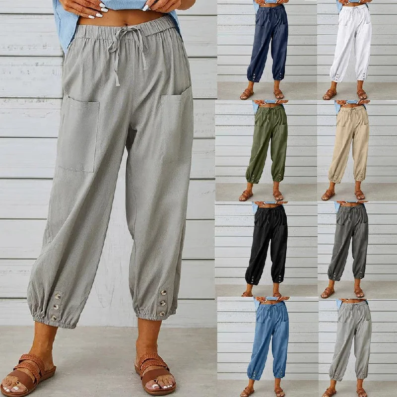 Women Drawstring Tie Pants Spring Summer Cotton And Linen Trousers With Pockets Button Trousers Fleece Cozy Women Drawstring Tie Pants Spring Summer Cotton And Linen Trousers With Pockets Button Trousers Fleece Cozy