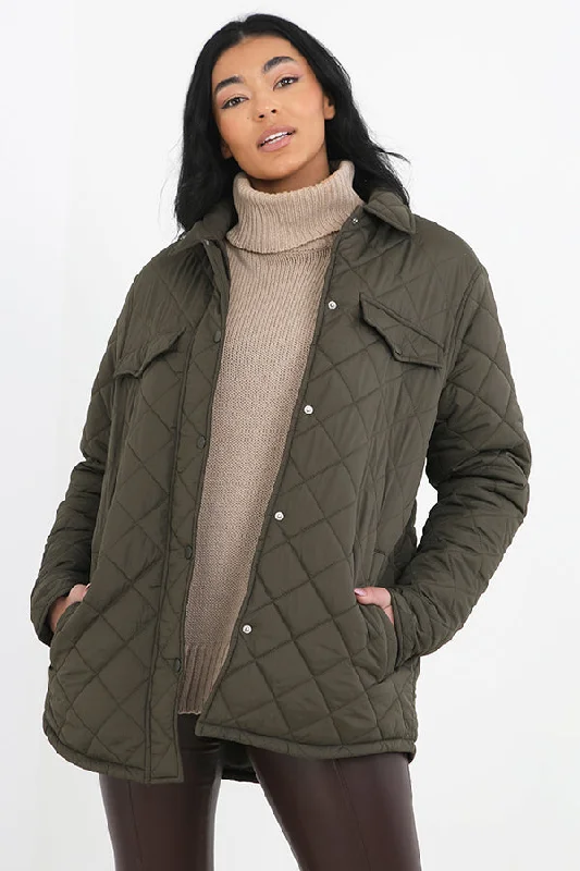 PLUS SIZE KHAKI DIAMOND QUILTED PADDED JACKET Zippered Jacket Buttoned Jacket Snapped Jacket PLUS SIZE KHAKI DIAMOND QUILTED PADDED JACKET Zippered Jacket Buttoned Jacket Snapped Jacket
