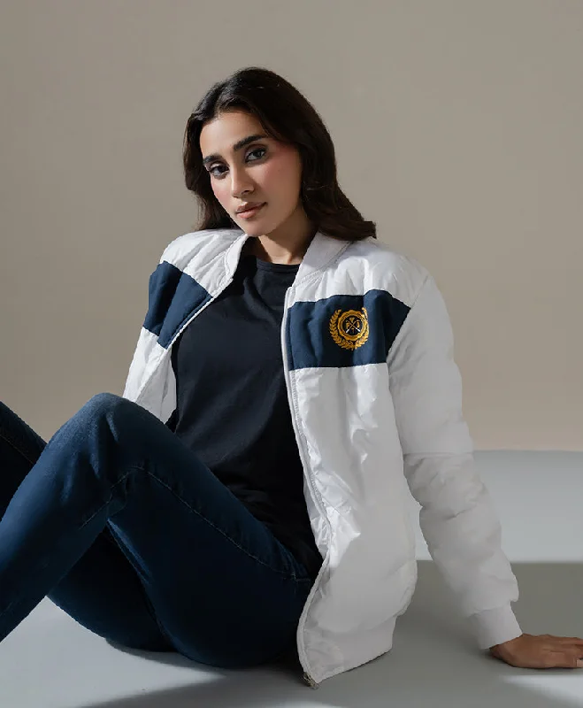 White Sports Bomber Jacket (Women) Collared Jacket Crew Neck Jacket Turtle Neck Jacket White Sports Bomber Jacket (Women) Collared Jacket Crew Neck Jacket Turtle Neck Jacket