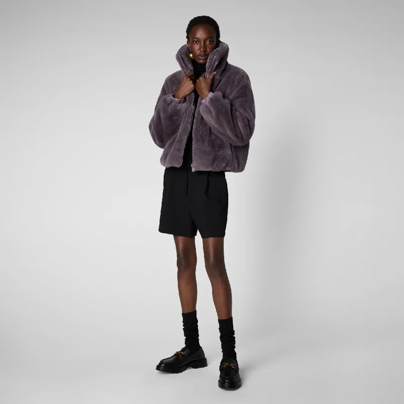 Women's Jeon Reversible Faux Fur Jacket in Ash Violet Ribbed Jacket Pleated Jacket Ruffled Jacket Women's Jeon Reversible Faux Fur Jacket in Ash Violet Ribbed Jacket Pleated Jacket Ruffled Jacket