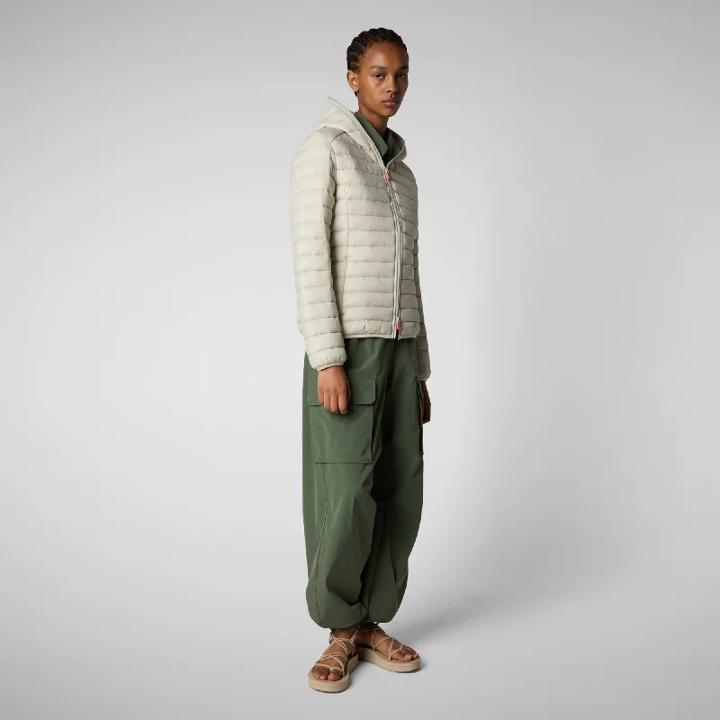 Women's Daisy Hooded Puffer Jacket in Rainy Beige Knit Fabric Woven Fabric Fleece Fabric Women's Daisy Hooded Puffer Jacket in Rainy Beige Knit Fabric Woven Fabric Fleece Fabric