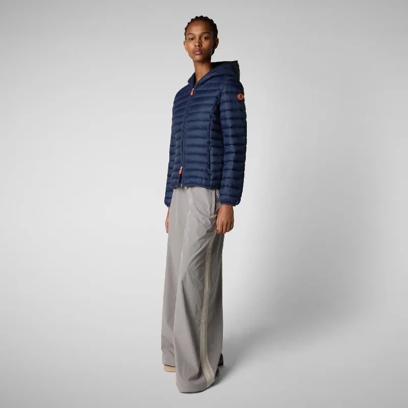 Women's Daisy Hooded Puffer Jacket in Navy Blue Front Pockets Side Pockets Patch Pockets Women's Daisy Hooded Puffer Jacket in Navy Blue Front Pockets Side Pockets Patch Pockets