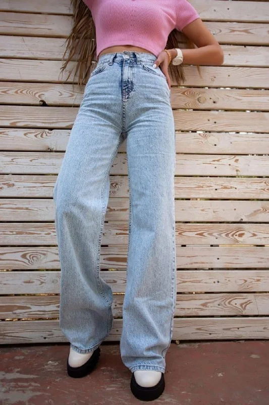 White Chocolate Ice Blue Snow Wash Lycra Super High Waist Loose Jean Palazzo Trousers Trousers sophisticated sleek White Chocolate Ice Blue Snow Wash Lycra Super High Waist Loose Jean Palazzo Trousers Trousers sophisticated sleek