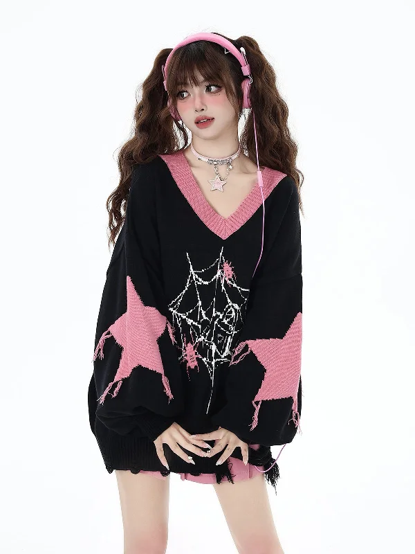 Dark Sweet Loose Knitted V-neck Pullover Sweater CRA0030 Mesh Blend Leather Blend Suede Blend Dark Sweet Loose Knitted V-neck Pullover Sweater CRA0030 Mesh Blend Leather Blend Suede Blend