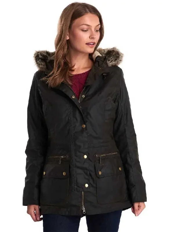 BARBOUR Kelsall Wax Jacket - Ladies Parka - Olive Hooded Jacket Caped Jacket Shawl Collar Jacket BARBOUR Kelsall Wax Jacket - Ladies Parka - Olive Hooded Jacket Caped Jacket Shawl Collar Jacket