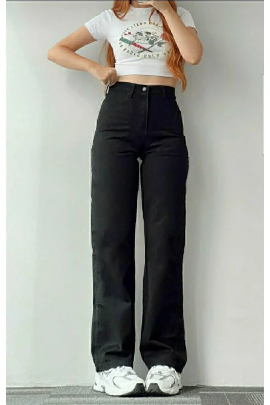 Black Lycra 90's Super High Wide Leg Denim Palazzo Trousers Trousers sophisticated sleek Black Lycra 90's Super High Wide Leg Denim Palazzo Trousers Trousers sophisticated sleek