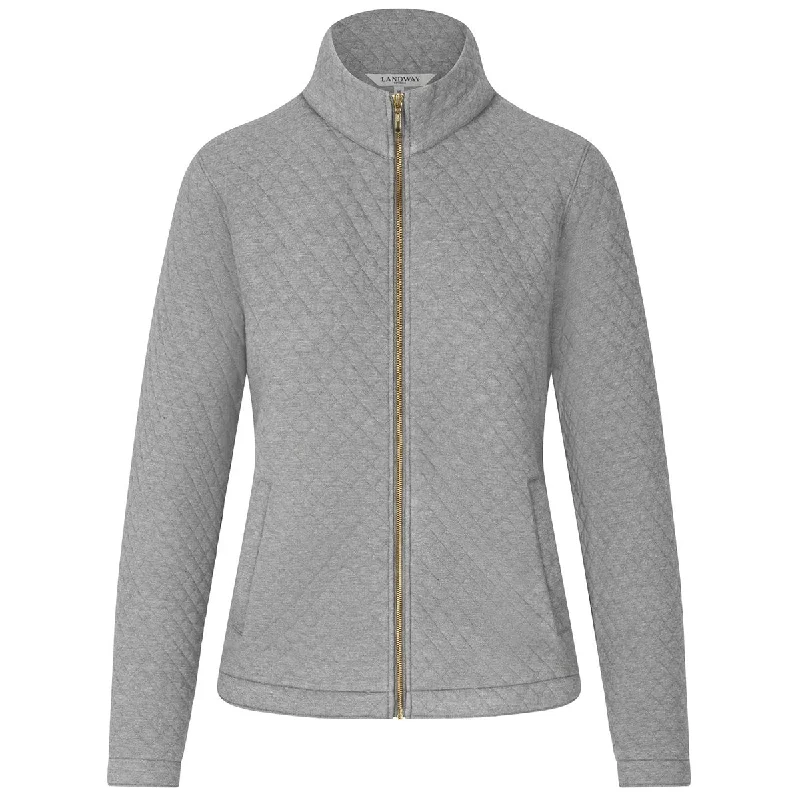 Landway Women's Heather Grey Seneca Quilted Full-Zip Sweater Denim Fabric Leather Fabric Suede Fabric Landway Women's Heather Grey Seneca Quilted Full-Zip Sweater Denim Fabric Leather Fabric Suede Fabric