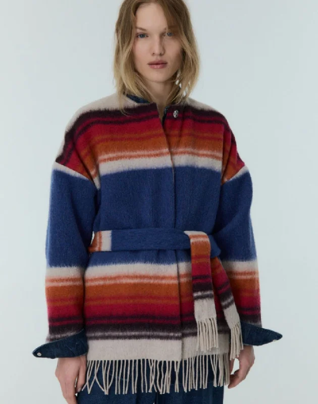 Liverpool Jacket in Stripes with Fringe and Belt Knit Jacket Woven Jacket Fleece Jacket Liverpool Jacket in Stripes with Fringe and Belt Knit Jacket Woven Jacket Fleece Jacket