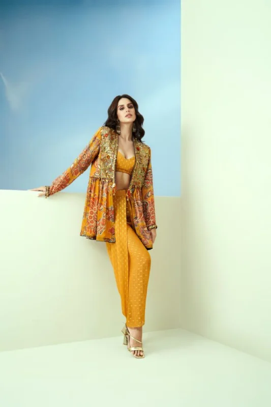 Yellow Printed Organza Yoke Emb. Peplum Jacket & Dhoti Pant Welt Pockets Slit Pockets Flap Pockets Yellow Printed Organza Yoke Emb. Peplum Jacket & Dhoti Pant Welt Pockets Slit Pockets Flap Pockets