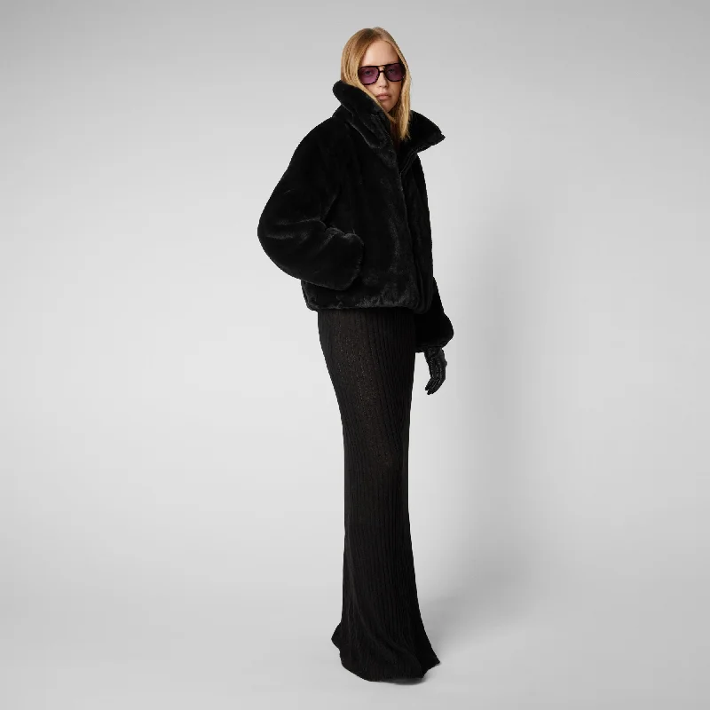 Women's Jeon Reversible Faux Fur Jacket in Black A-Line Jacket Boat Neck Shawl Collar Women's Jeon Reversible Faux Fur Jacket in Black A-Line Jacket Boat Neck Shawl Collar