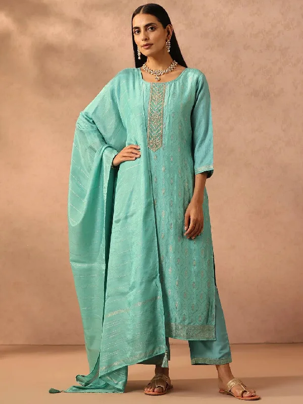 Turquoise Blue Embroidered Silk Blend Straight Kurta With Trousers & Dupatta Trousers Low Rise Relaxed Turquoise Blue Embroidered Silk Blend Straight Kurta With Trousers & Dupatta Trousers Low Rise Relaxed