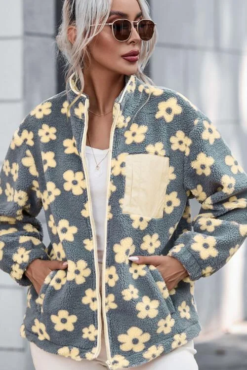 Blue Zone Planet | Pocketed Floral Mock Neck Jacket Denim Fabric Leather Fabric Suede Fabric Blue Zone Planet | Pocketed Floral Mock Neck Jacket Denim Fabric Leather Fabric Suede Fabric