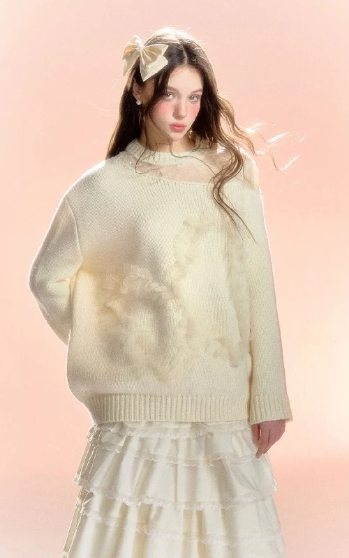Butterfly Three-dimensional Lace Stitching Off-shoulder Hollow Knitted Sweater RUS0003 Stylish Fashionable Trendy Butterfly Three-dimensional Lace Stitching Off-shoulder Hollow Knitted Sweater RUS0003 Stylish Fashionable Trendy