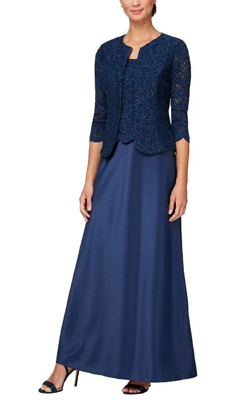 Alex Evenings - 81122326 Embroidered Lace Scoop Neck Formal Dress with Jacket Satin Fabric Silk Fabric Chiffon Fabric Alex Evenings - 81122326 Embroidered Lace Scoop Neck Formal Dress with Jacket Satin Fabric Silk Fabric Chiffon Fabric
