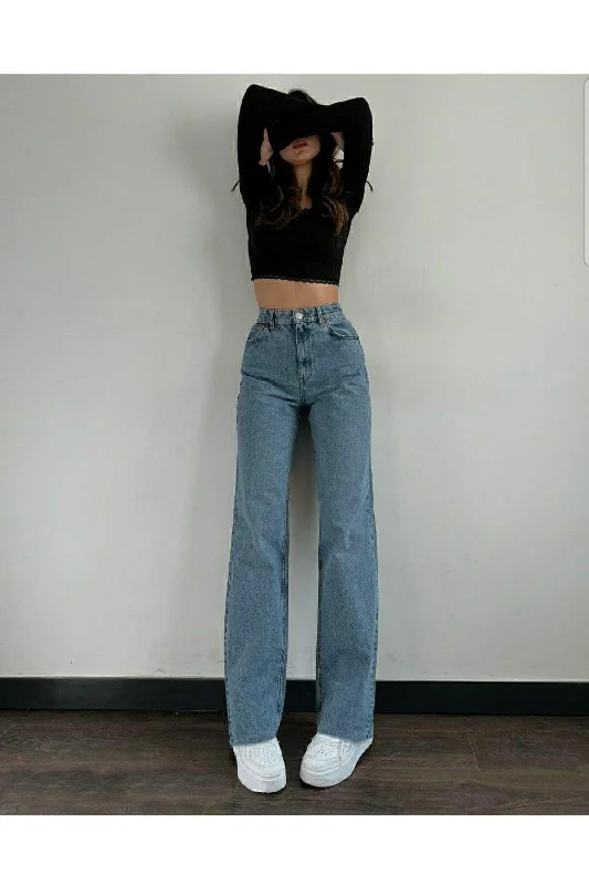 Roza Lycra Loose Women's Blue Snow Wash Super High Waist Wide Leg Denim Jeans Trousers Trousers stylish modern Roza Lycra Loose Women's Blue Snow Wash Super High Waist Wide Leg Denim Jeans Trousers Trousers stylish modern