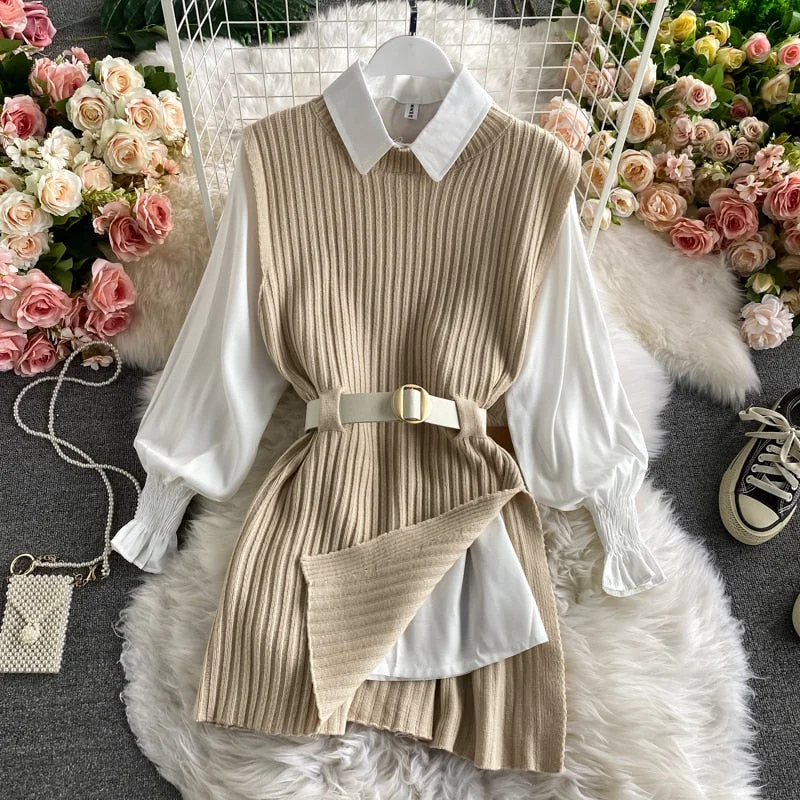 Women Split Knitted Belted Vest | College Style Vest | Women Knitted Vest Shirt | Long Sleeve Round Neck Sweater Shirt Knit Set With Belt Ribbed Striped Patterned Women Split Knitted Belted Vest | College Style Vest | Women Knitted Vest Shirt | Long Sleeve Round Neck Sweater Shirt Knit Set With Belt Ribbed Striped Patterned