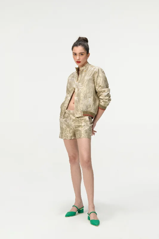 Rainforest Janbaaz Bomber Jacket Oyster Grey Silk Brocade Welt Pockets Slit Pockets Flap Pockets Rainforest Janbaaz Bomber Jacket Oyster Grey Silk Brocade Welt Pockets Slit Pockets Flap Pockets