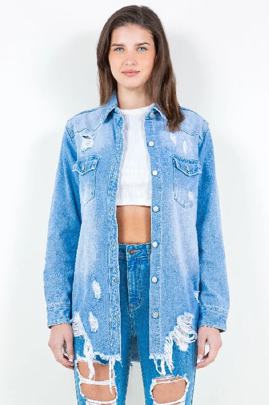 Hazel Blues® | American Bazi Frayed Hem Distressed Denim Shirt Jacket Belted Jacket Elasticated Jacket Padded Jacket Hazel Blues® | American Bazi Frayed Hem Distressed Denim Shirt Jacket Belted Jacket Elasticated Jacket Padded Jacket