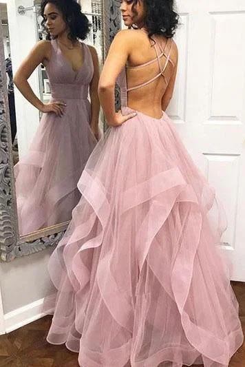 Pink Tulle V Neck Criss Cross Ruffles Long Prom Dress Cheap Evening Dresses WK599