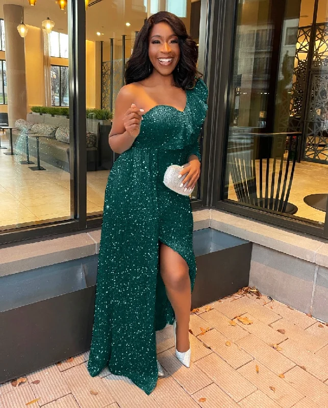 FINAL SALE! Kalysta Luxe- One Sleeve Sequin Floor Length Dress (CLEARANCE OUTLET! Final Sale/No Return/No Exchange!) FINAL SALE! Kalysta Luxe- One Sleeve Sequin Floor Length Dress (CLEARANCE OUTLET! Final Sale/No Return/No Exchange!)