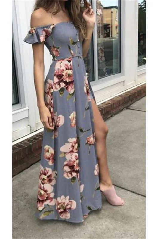 A line Off the Shoulder Simple Cheap Flower Pattern Prom Dresses Long Evening Dresses WK845