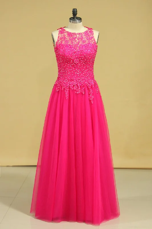 2024 A Line Open Back Scoop Prom Dresses Tulle With Applique & Beading Floor Length