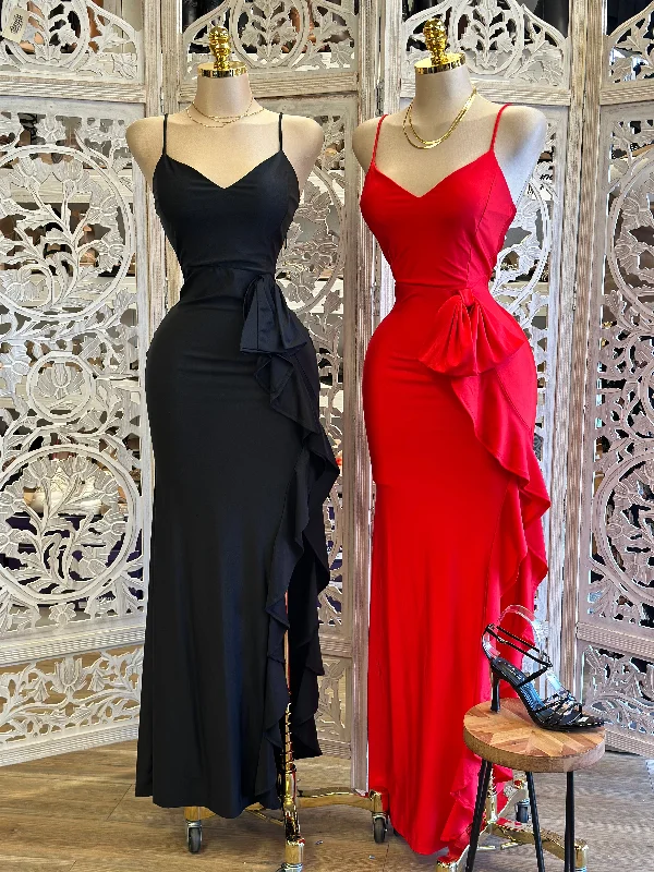 Ruffled Ribbon Formal Dress- Stretchy,Estira