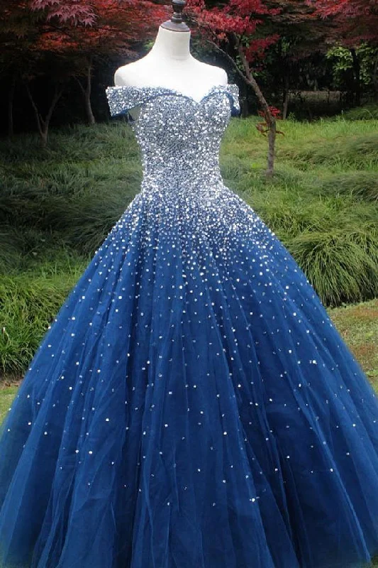 Sparkle Off the Shoulder Blue Ball Gown Prom Dresses Puffy Tulle Quinceanera Dresses WK239 Sparkle Off the Shoulder Blue Ball Gown Prom Dresses Puffy Tulle Quinceanera Dresses WK239