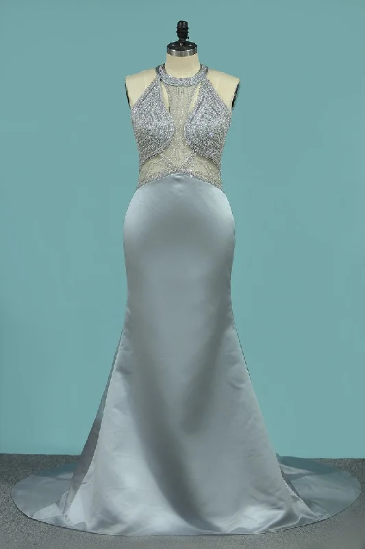 2024 Open Back Prom Dresses Mermaid Scoop Satin With Beaded Bodice