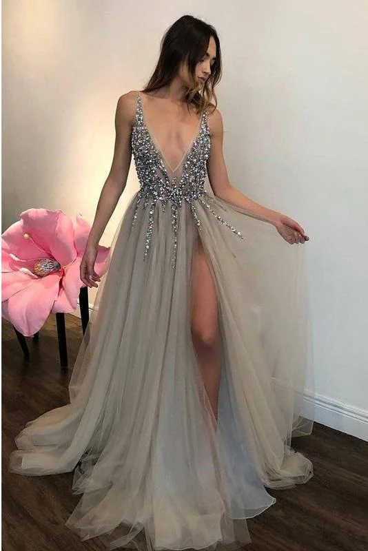 Elegant A Line Tulle Beads Deep V Neck Prom Dresses High Slit Ivory Evening Dresses WK562 Elegant A Line Tulle Beads Deep V Neck Prom Dresses High Slit Ivory Evening Dresses WK562
