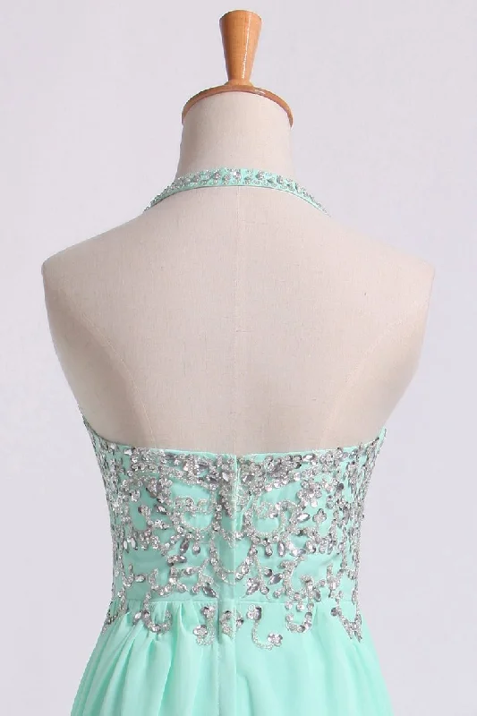 2024 Prom Dresses Empire Waist Halter Floor Length Chiffon