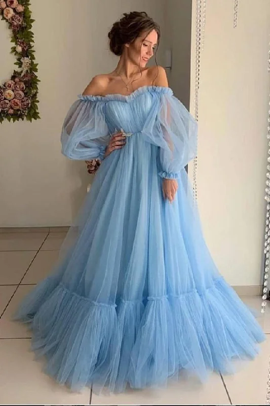 Ball Gown Blue Tulle Prom Dresses Long Sleeve Off the Shoulder Quinceanera Dresses WK930