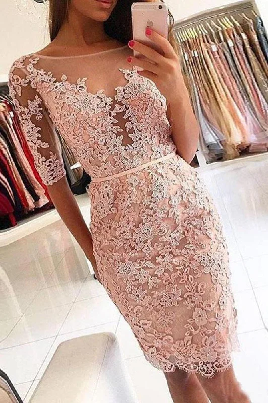 Sheath Pink Lace Appliques Beads Homecoming Dresses with Half Sleeve Prom Dresses WK833 Sheath Pink Lace Appliques Beads Homecoming Dresses with Half Sleeve Prom Dresses WK833