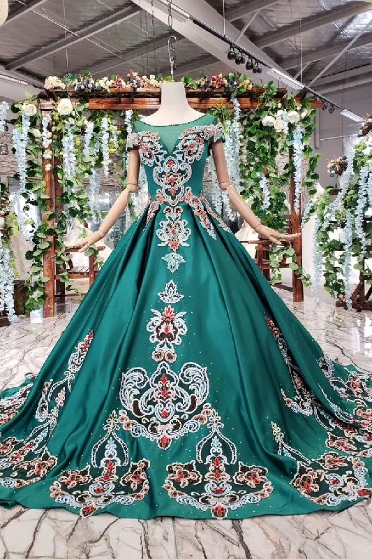 Simple Green Satin Short Sleeve Ball Gown Lace up with Applique Beads Prom Dresses WK792 Simple Green Satin Short Sleeve Ball Gown Lace up with Applique Beads Prom Dresses WK792