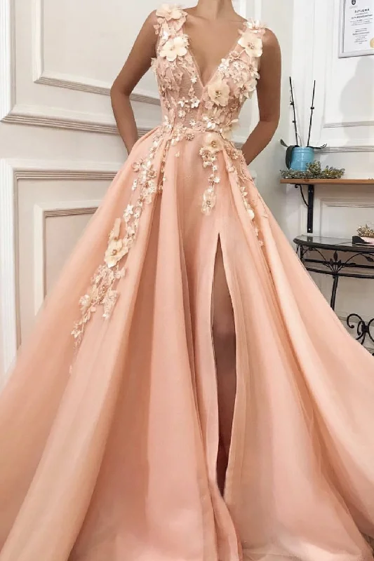 A line Pink V Neck Prom Dresses with Slit Lace Appliques Prom Gowns WK590