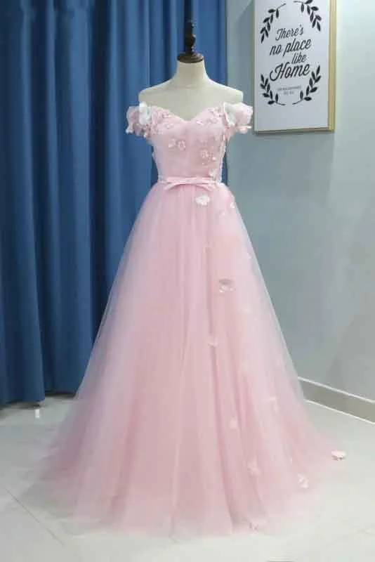 Elegant A line Pink Tulle Prom Dresses with Flowers Off the Shoulder Belt Evening Dress WK749 Elegant A line Pink Tulle Prom Dresses with Flowers Off the Shoulder Belt Evening Dress WK749