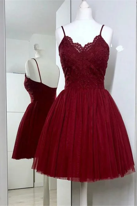 Cute Spaghetti Straps Burgundy Tulle Short Prom Dress with Lace Homecoming Dresses WK859 Cute Spaghetti Straps Burgundy Tulle Short Prom Dress with Lace Homecoming Dresses WK859