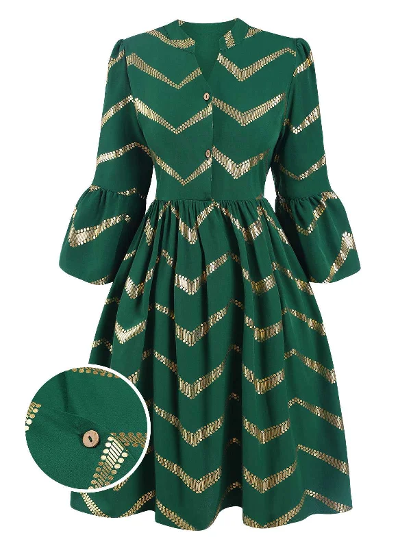 Green 1970s V-Neck Stripes Flare Sleeve Dress