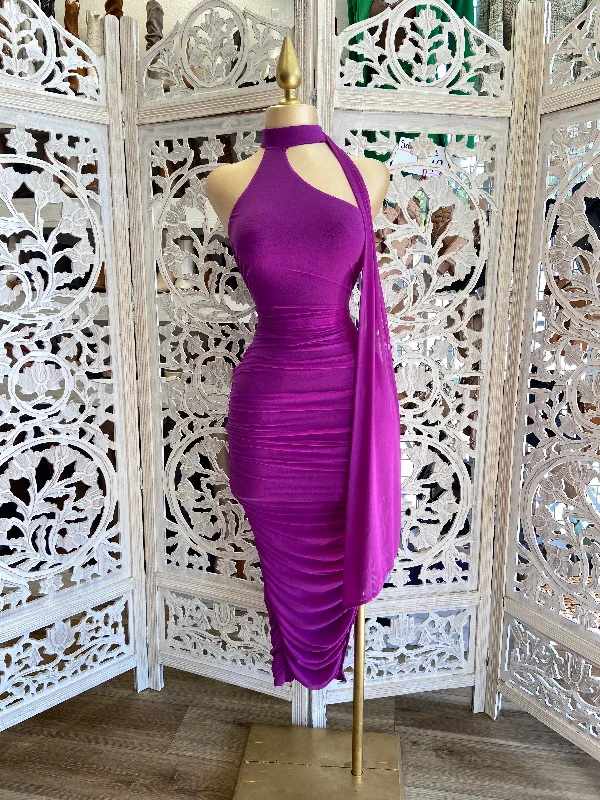 Halter Magenta Ruched Dress- Stretchy, Estira