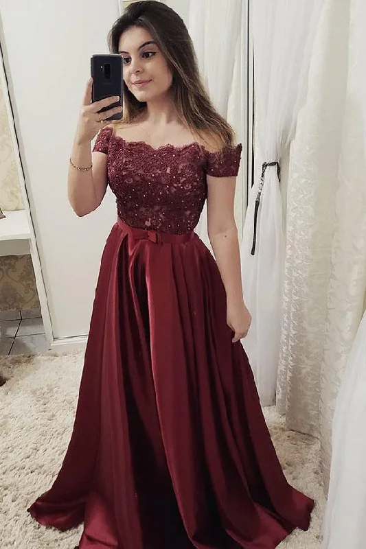 Chic Burgundy Off the Shoulder Floor Length Satin Lace Prom Dresses with Beads WK629 Chic Burgundy Off the Shoulder Floor Length Satin Lace Prom Dresses with Beads WK629