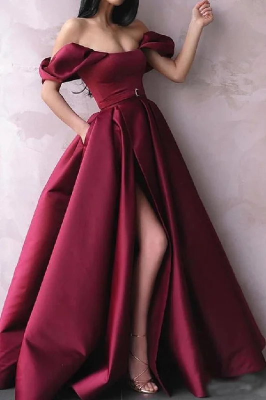 A Line Off the Shoulder Burgundy Satin Prom Dresses with Pockets High Split WK801